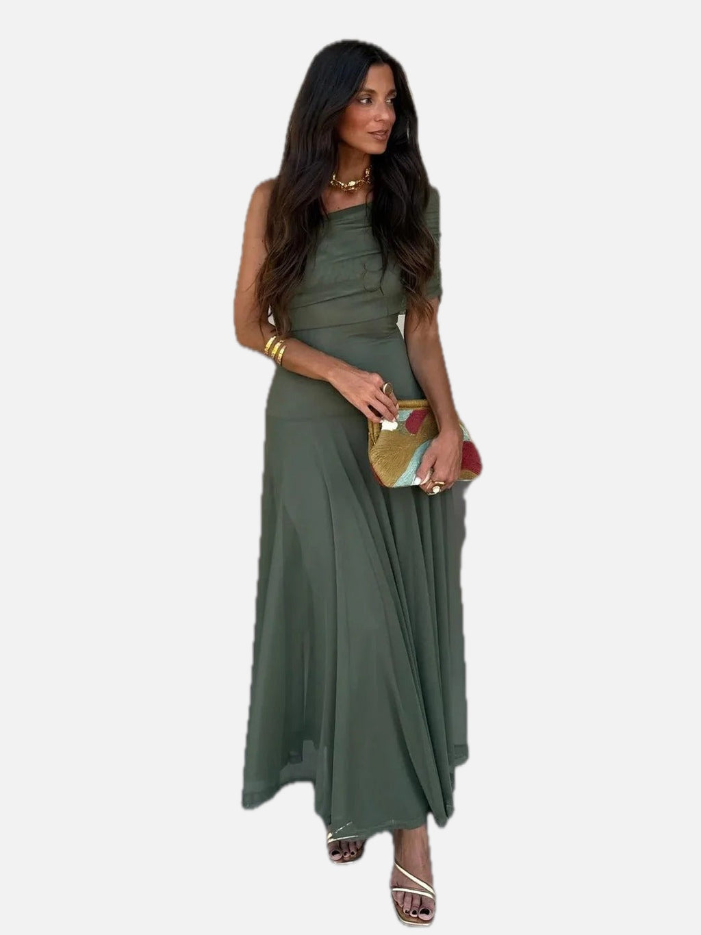 Brown Off-Shoulder Ruched Maxi Dress – Women's Summer Party Maxi Dress