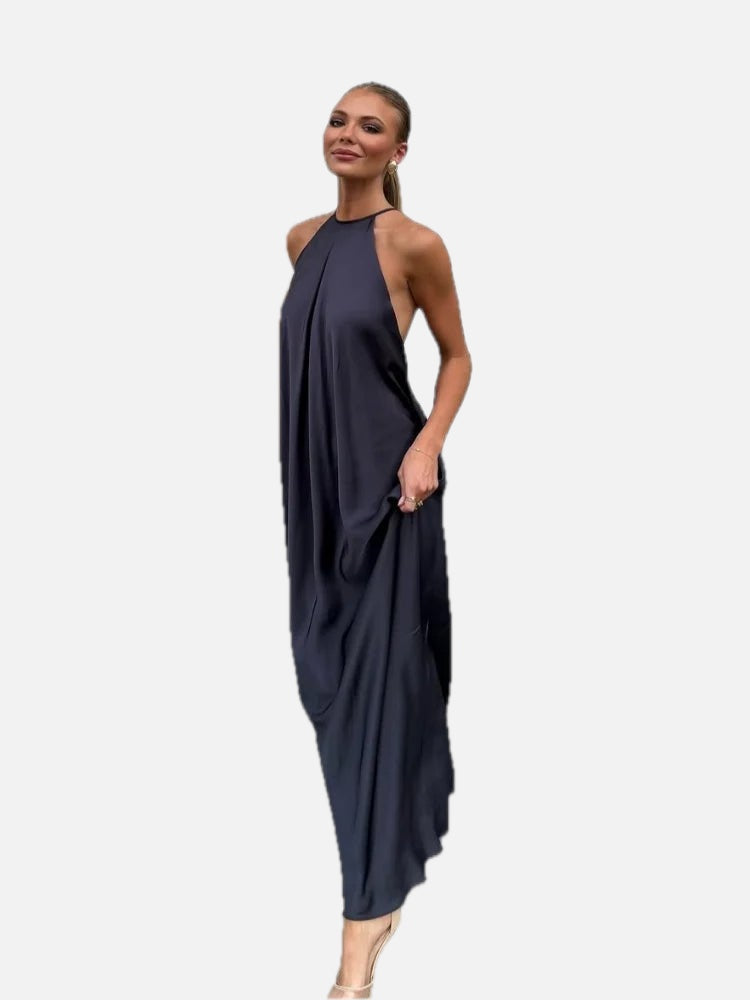 Black Satin Halter Maxi Dress – Women's Summer Party Maxi Dress
