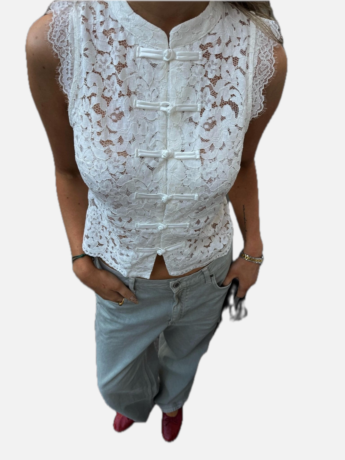 White Mandarin Sleeveless Lace Top – Women's Summer Top
