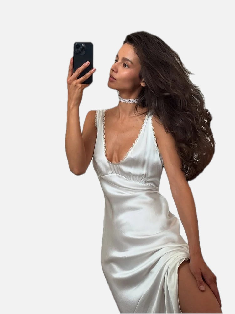 Deep Neck Satin Midi Dress – Women's Summer Party Midi Dress