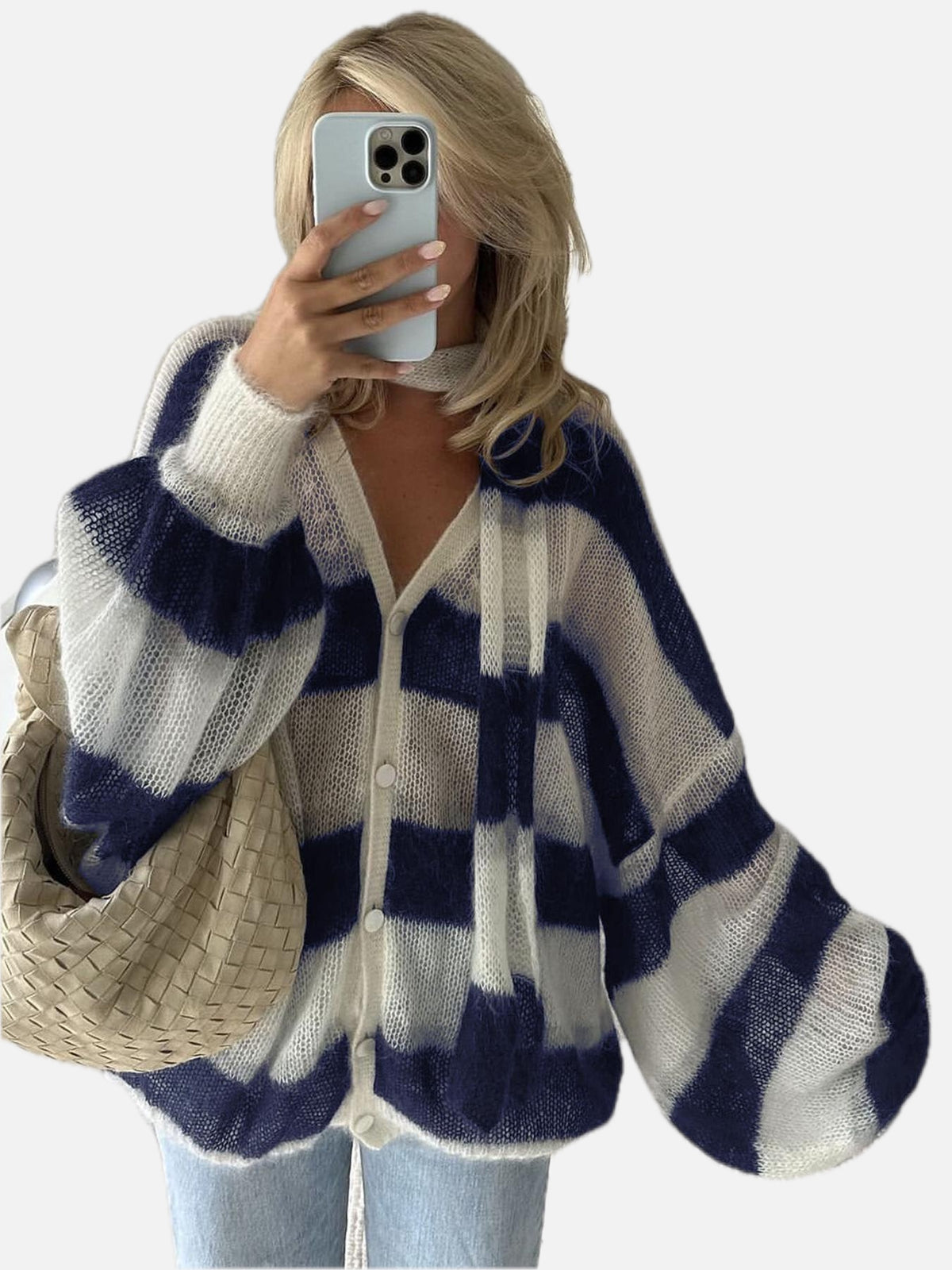 Navy Loose Striped Cardigan – Women's Everyday Cardigan