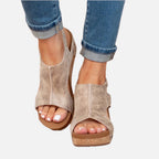 Suede Peep-Toe Cork Wedge Sandals