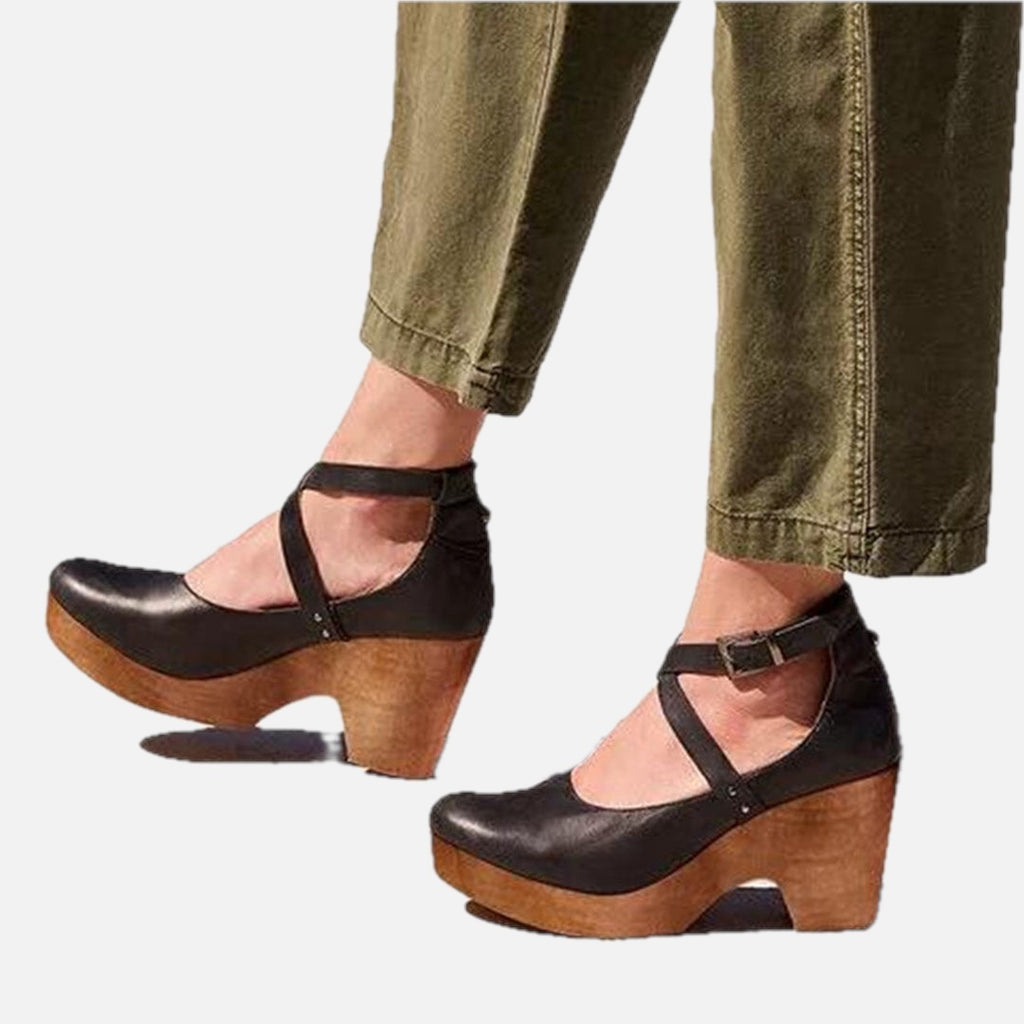Closed-Toe Wooden Wedge Heels with Ankle Strap