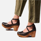 Closed-Toe Wooden Wedge Heels with Ankle Strap