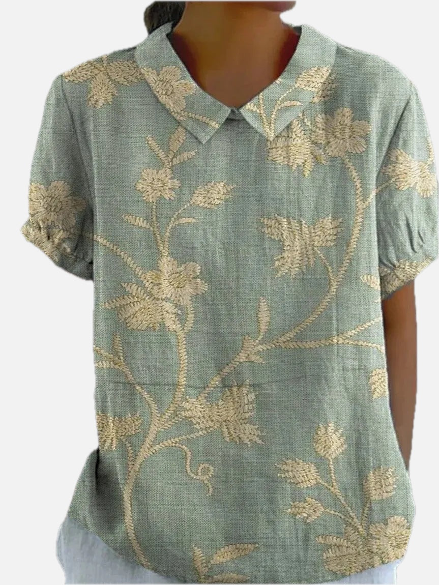Floral Embroidered Linen Collared Blouse