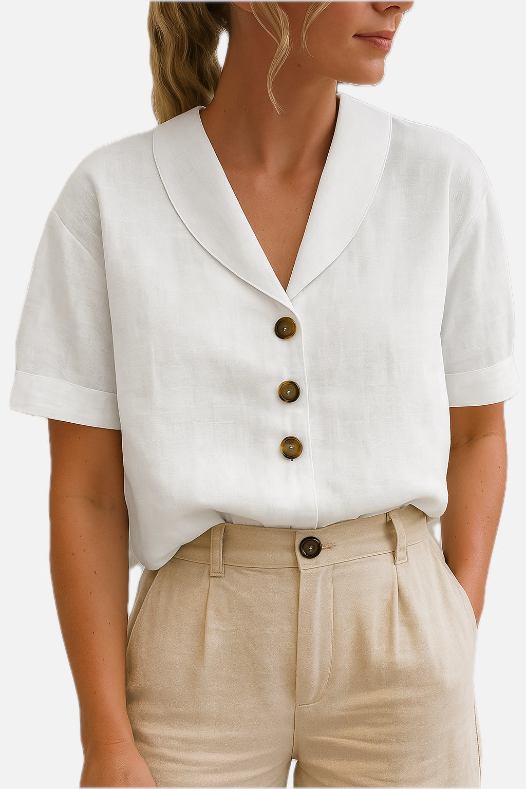 Shawl-Collar Linen Button Blouse