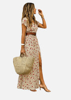 Floral Belted Boho Maxi Dress with Side Slit