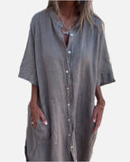 Linen Button-Up Boho Shirt Dress