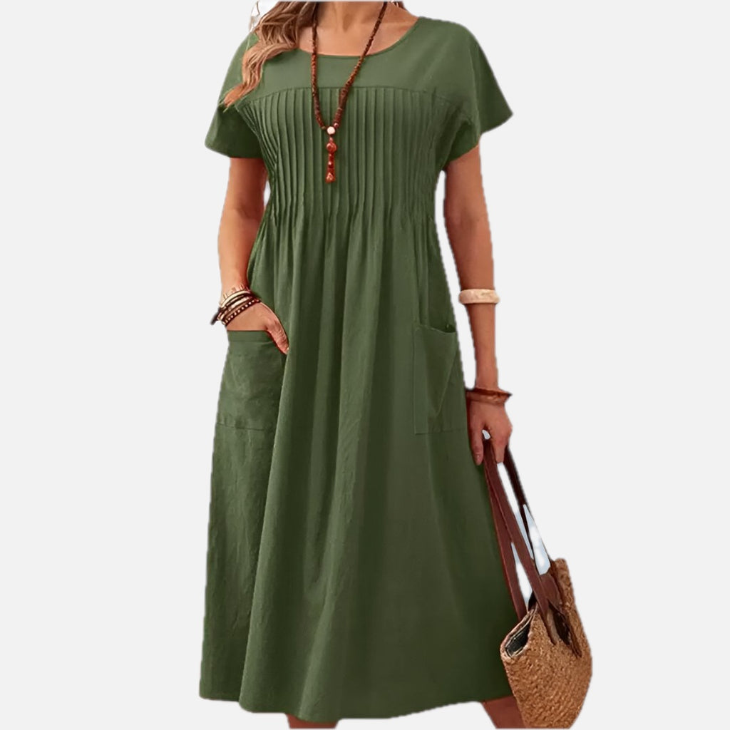 Pintuck Relaxed Midi Day Dress with Pockets