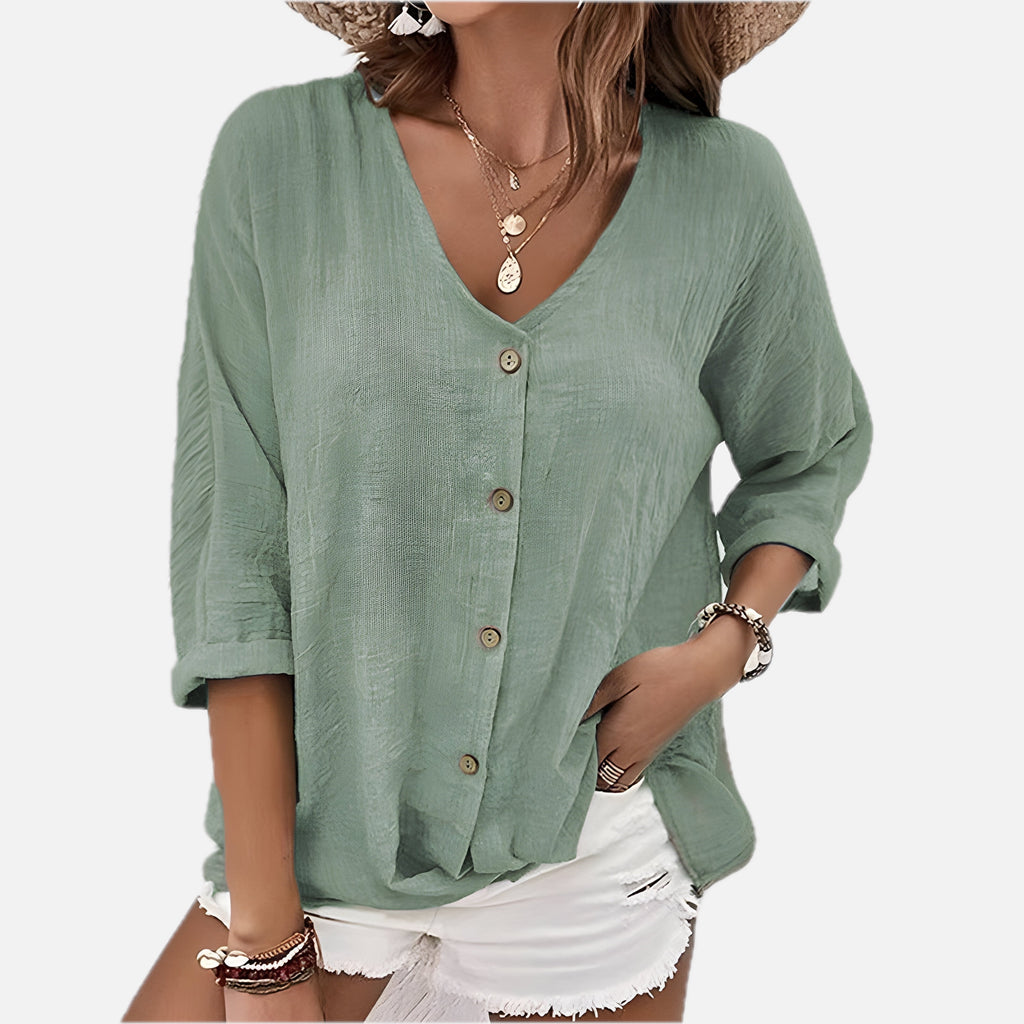 Relaxed Linen V-Neck Button-Up Blouse