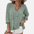 Relaxed Linen V-Neck Button-Up Blouse