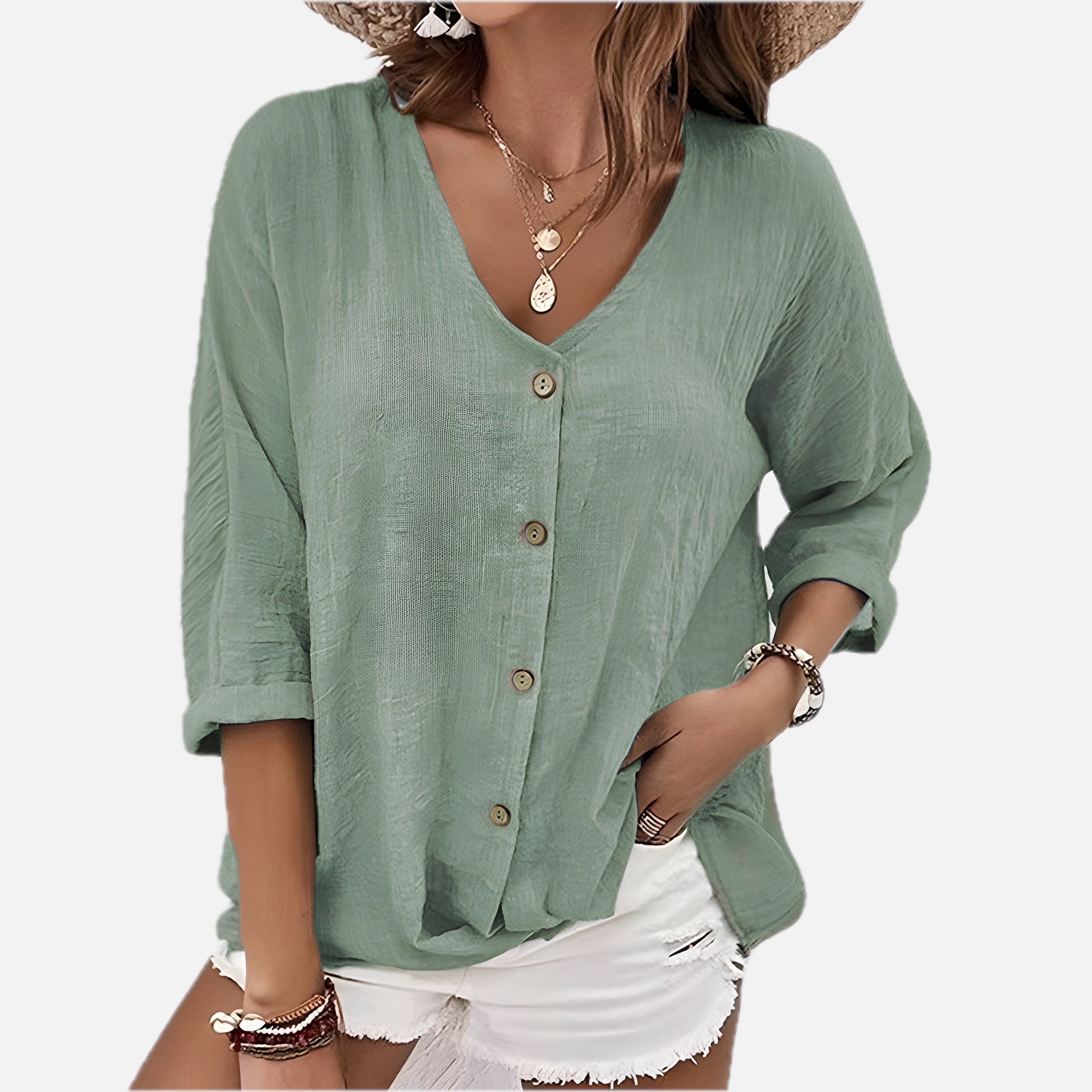 Relaxed Linen V-Neck Button-Up Blouse