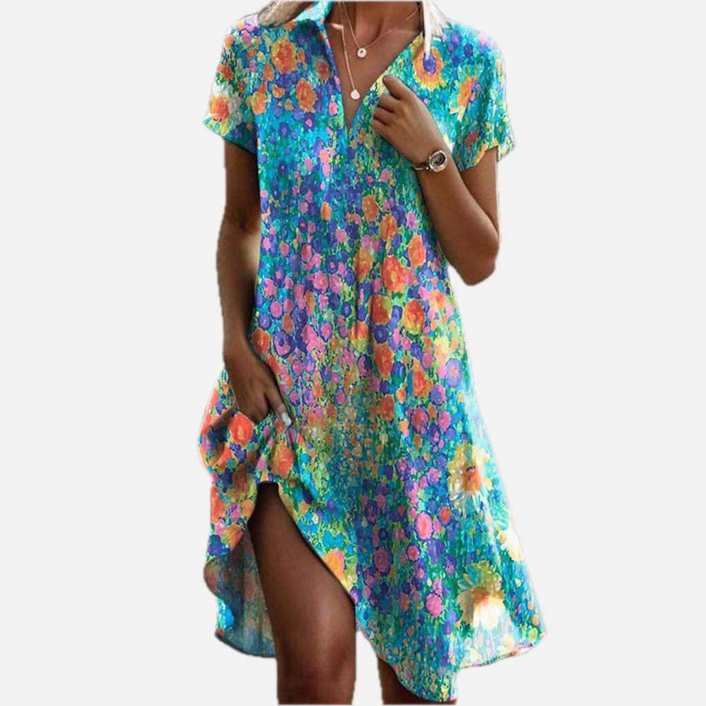 Boho Floral Print Short-Sleeve Summer Dress
