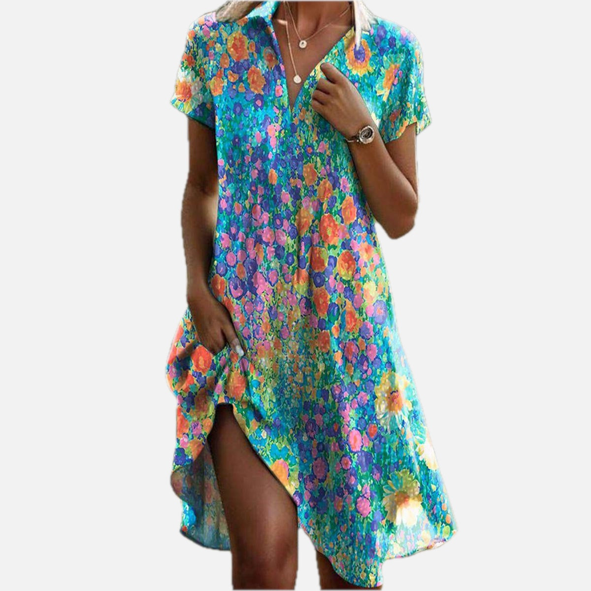 Boho Floral Print Short-Sleeve Summer Dress