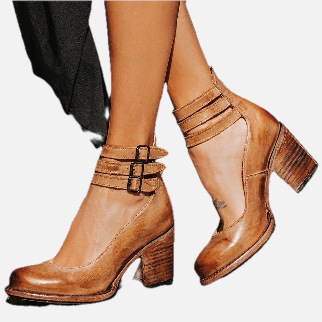 Block-Heel Buckle-Strap Leather Shoes