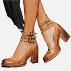 Block-Heel Buckle-Strap Leather Shoes
