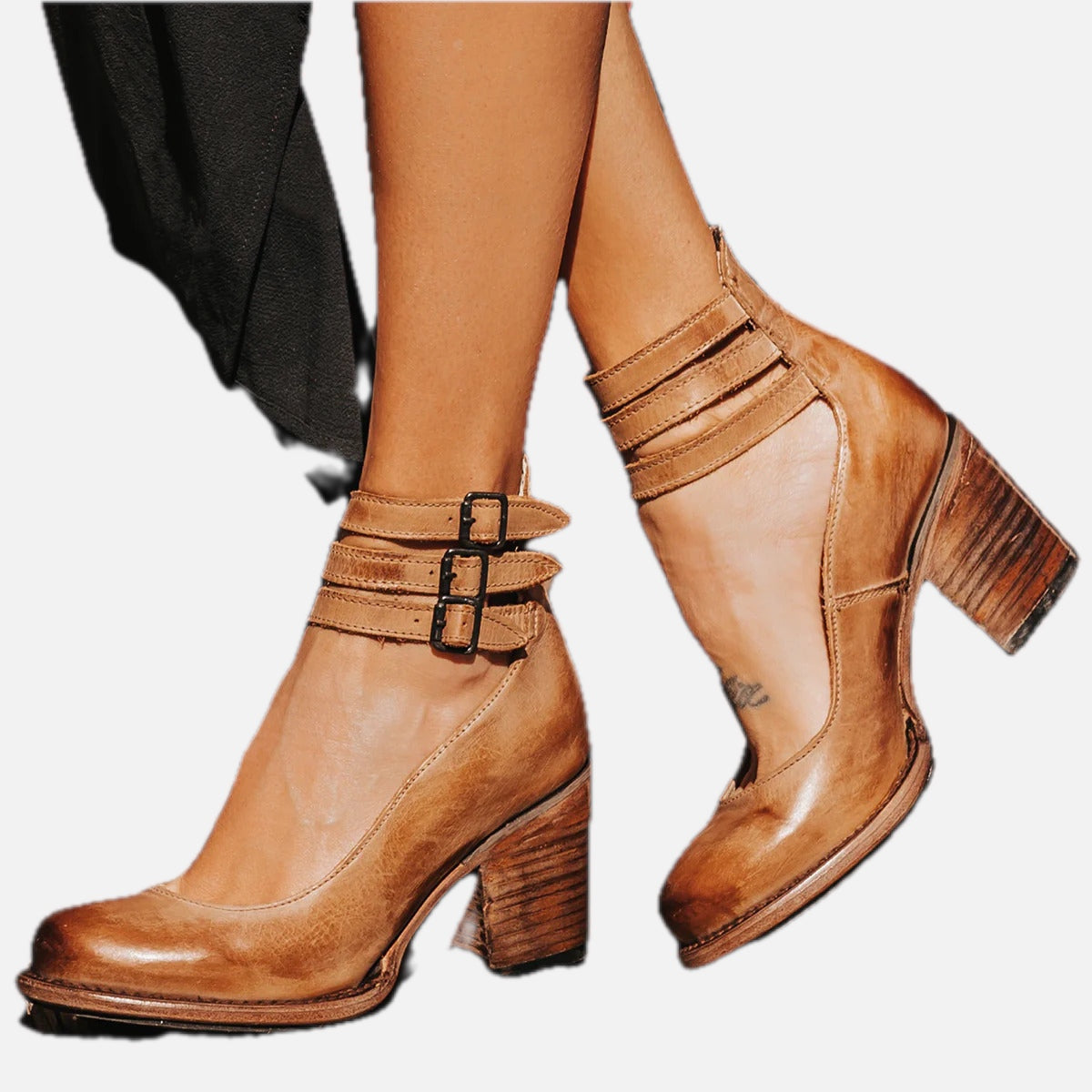 Block-Heel Buckle-Strap Leather Shoes