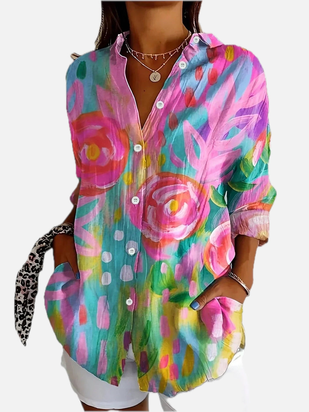 Colourful Painterly Floral Button-Up Blouse