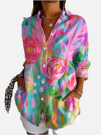 Colourful Painterly Floral Button-Up Blouse