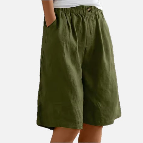 High-Waist Wide-Leg Linen-Blend Bermuda Shorts with Pockets