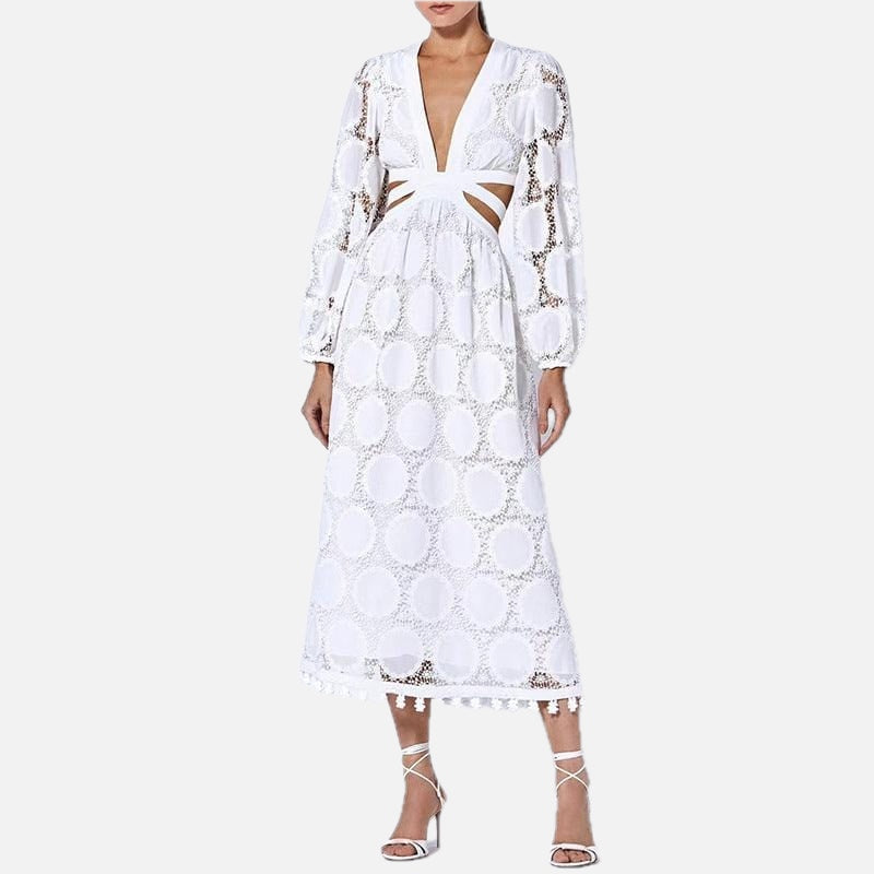 White Lace Ibiza Dress – Women's Long Sleeve Boho Summer Beach & Wedding Guest Dress | Meave & Ivy