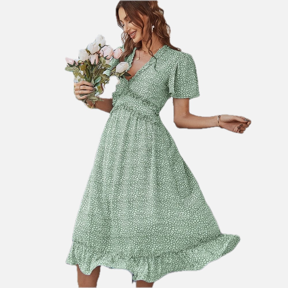 Green Bohemian V-Neck Midi Dress – Women's Boho Summer Beach & Holiday Dress | Meave & Ivy