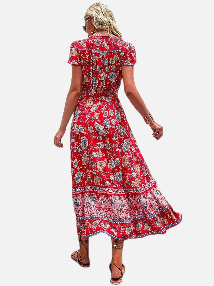 Red Bohemian V-Neck Maxi Dress – Women's Boho Summer Beach & Holiday Dress | Meave & Ivy