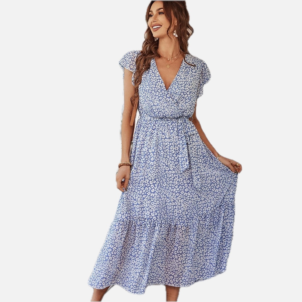 Blue Floral Bohemian V-Neck Midi Dress – Women's Boho Summer Beach & Holiday Dress | Meave & Ivy
