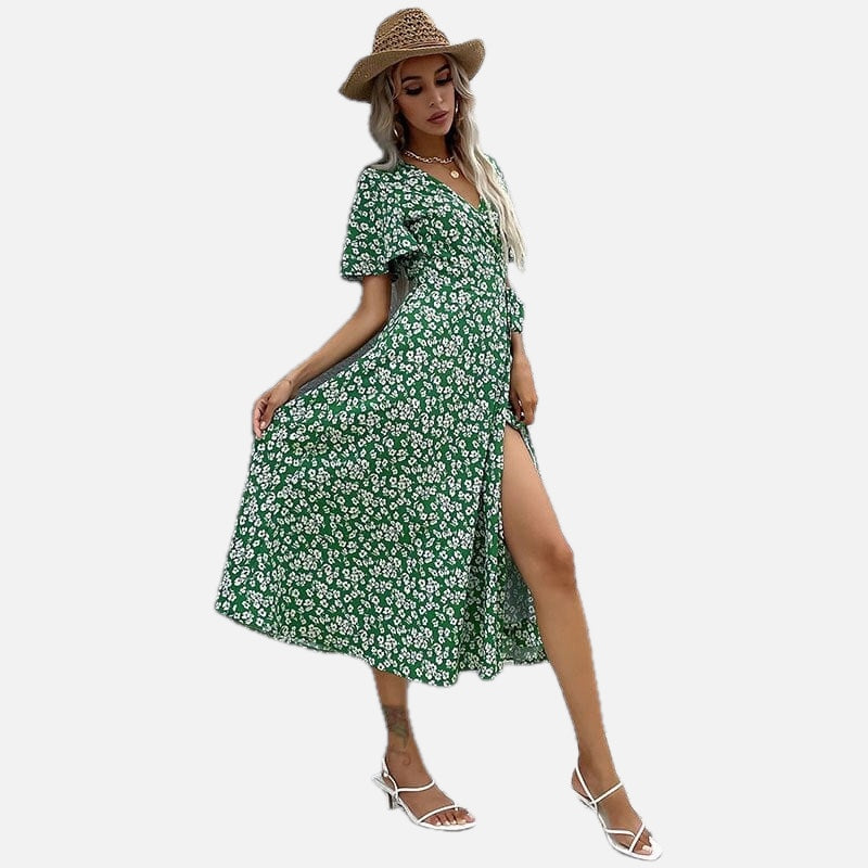 Green V-Neck Midi Dress – Women's Summer Beach & Holiday Dress | Meave & Ivy
