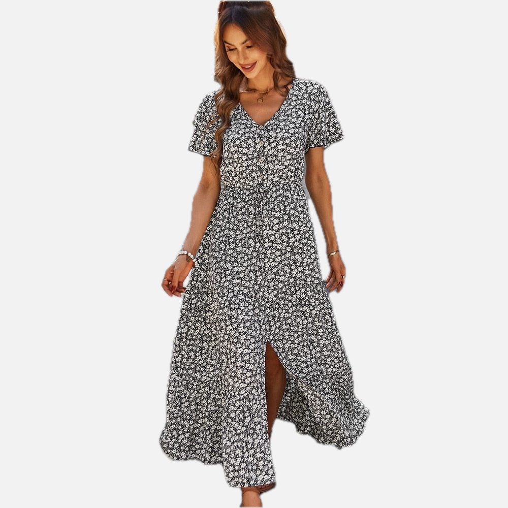 Black Bohemian V-Neck Dress – Women's Boho Summer Beach & Holiday Dress | Meave & Ivy