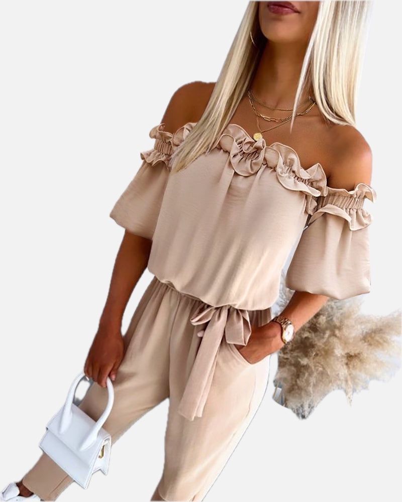 Off-Shoulder Frill Trim Short Sleeve Tie Waist Casual Jumpsuit | Meave & Ivy