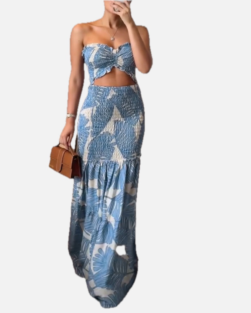Tropical Print Halter Tie Cinched Waist Mermaid Vacation Maxi Dress | Meave & Ivy