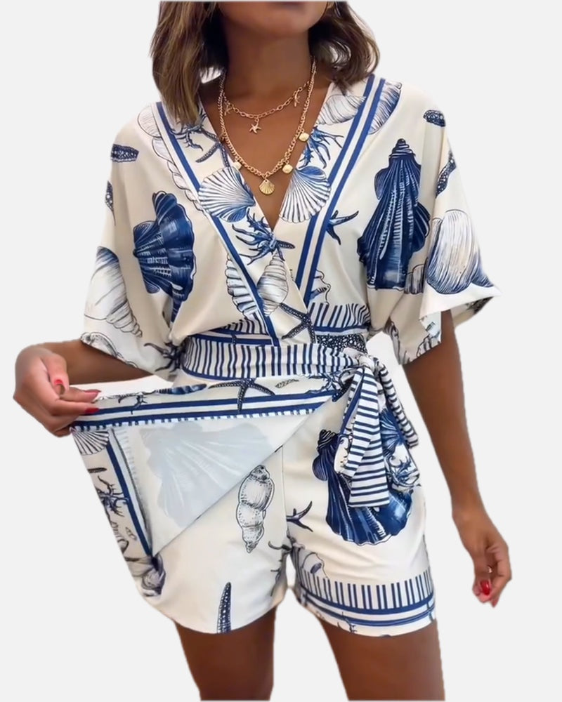 Starfish and Seashell Print V-Neck Half Sleeve Wrap Knot Romper | Meave & Ivy