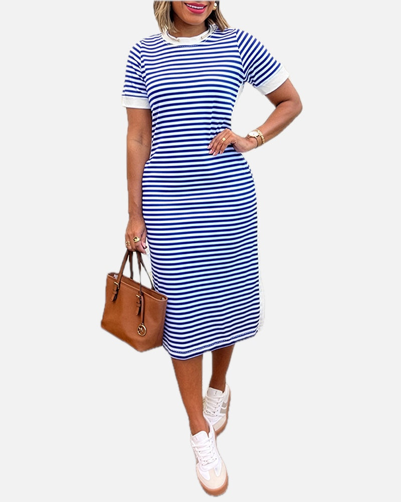 Striped Colorblock Midi T-Shirt Dress with Side Slit and Pockets | Meave & Ivy
