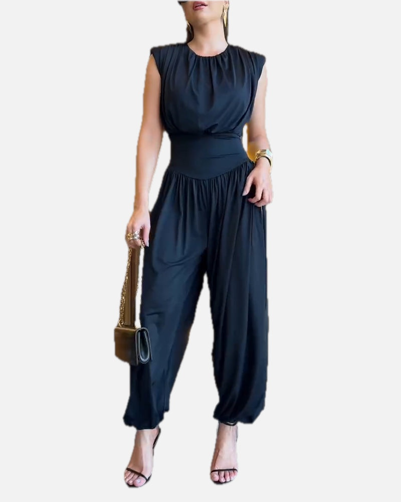 Padded Shoulders Sleeveless Cinched Waist Side High Slit Jumpsuit | Meave & Ivy