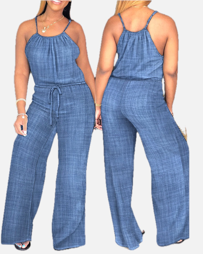 Spaghetti Strap Drawstring Tied Waist Casual Jumpsuit | Meave & Ivy