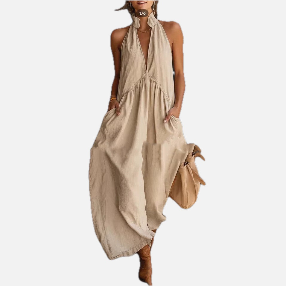 Resort Style Mandarin Collar Button Front Dress Cotton Linen Mix | Meave & Ivy