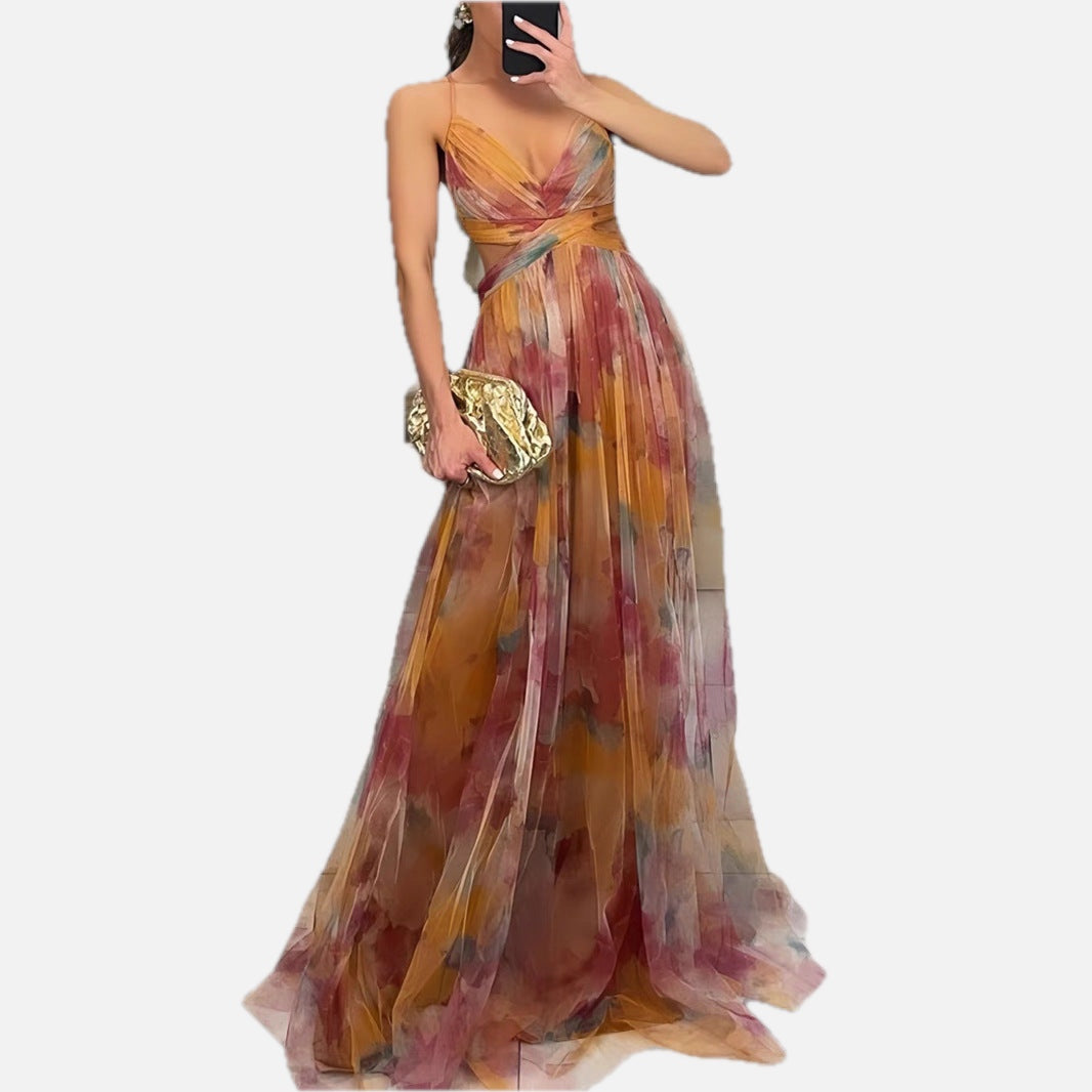 Long Party Dress Strapless Open Back V-Neck with Strap Detail | Meave & Ivy