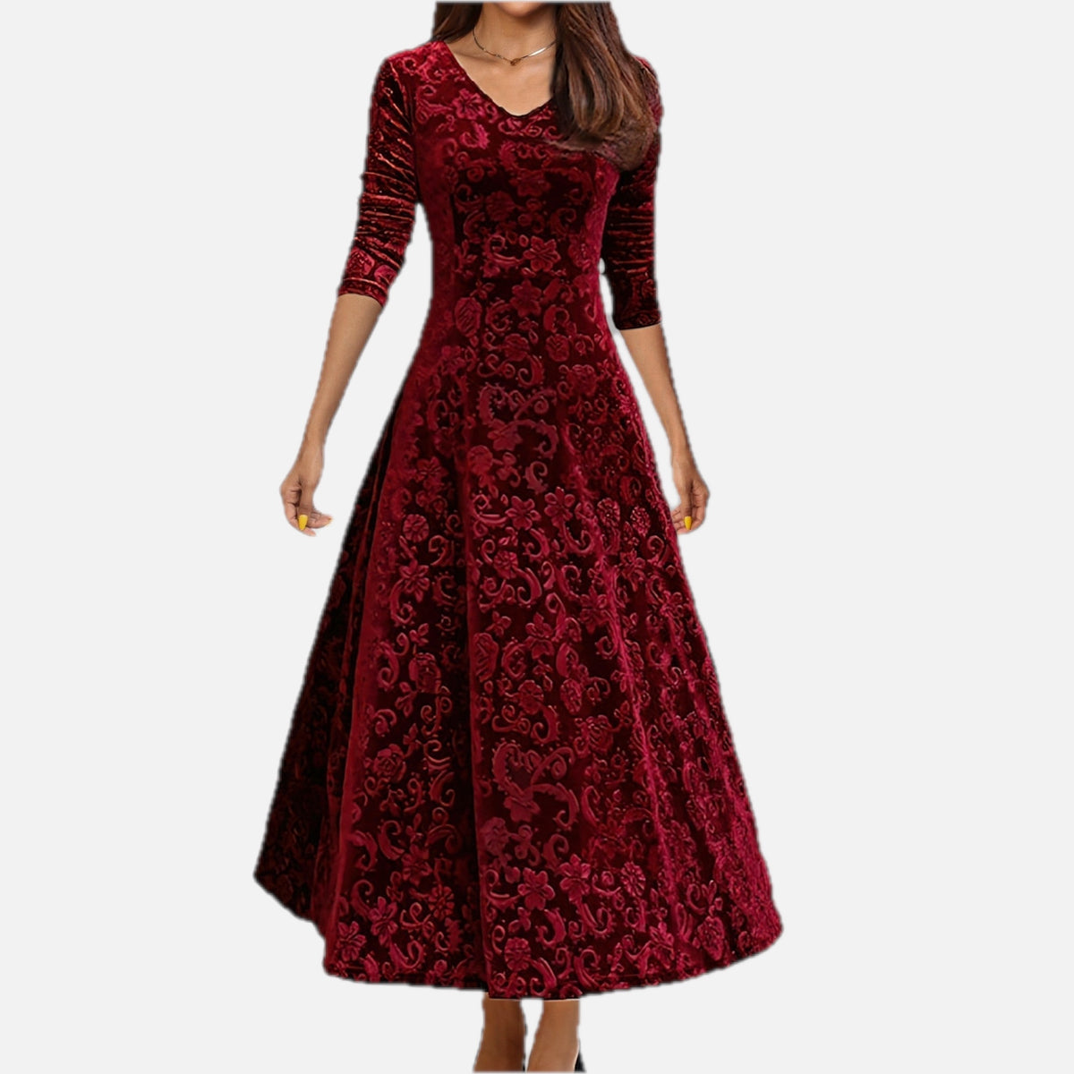 Velvet Jacquard Midi Dress V-Neck Flared | Meave & Ivy