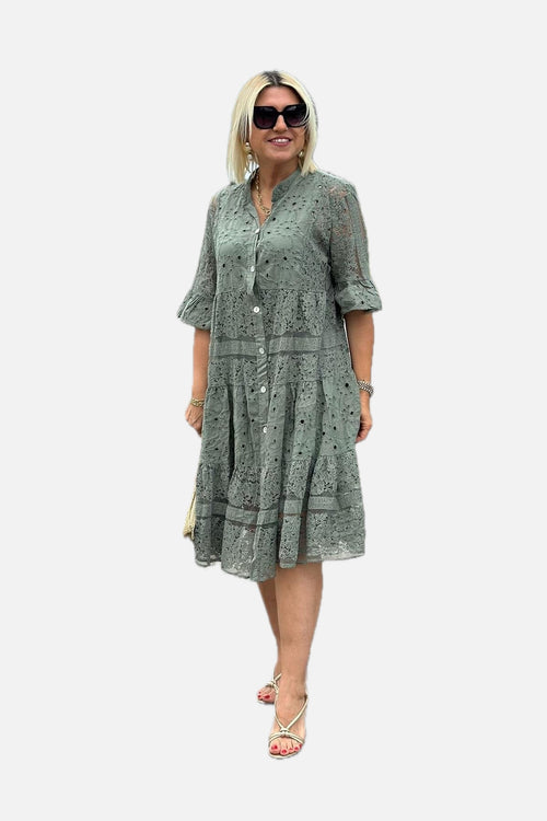A-Line Dress Three-Quarter Sleeves Front Button | Meave & Ivy
