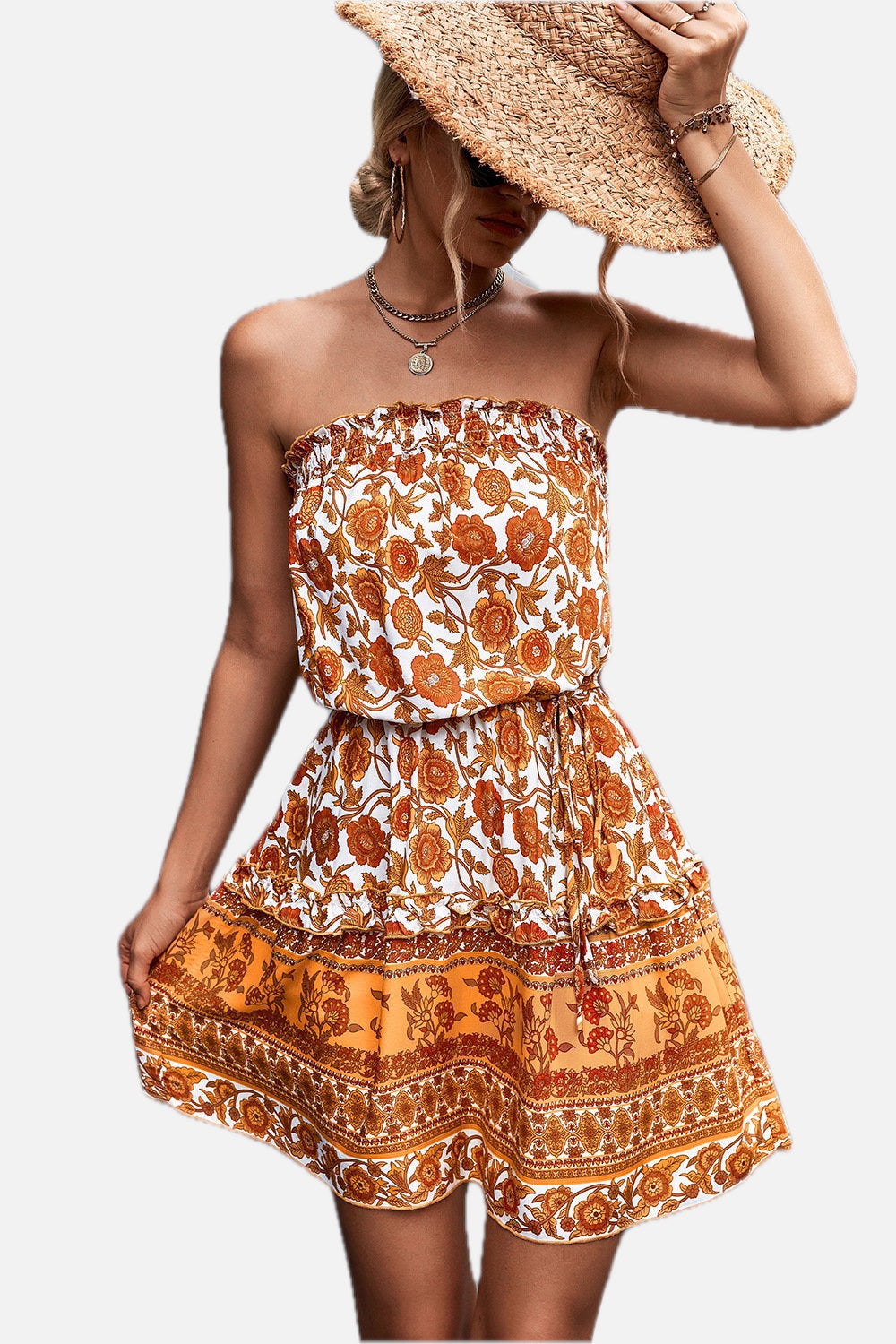 Strapless A-Line Floral Print High Waist Dress | Meave & Ivy