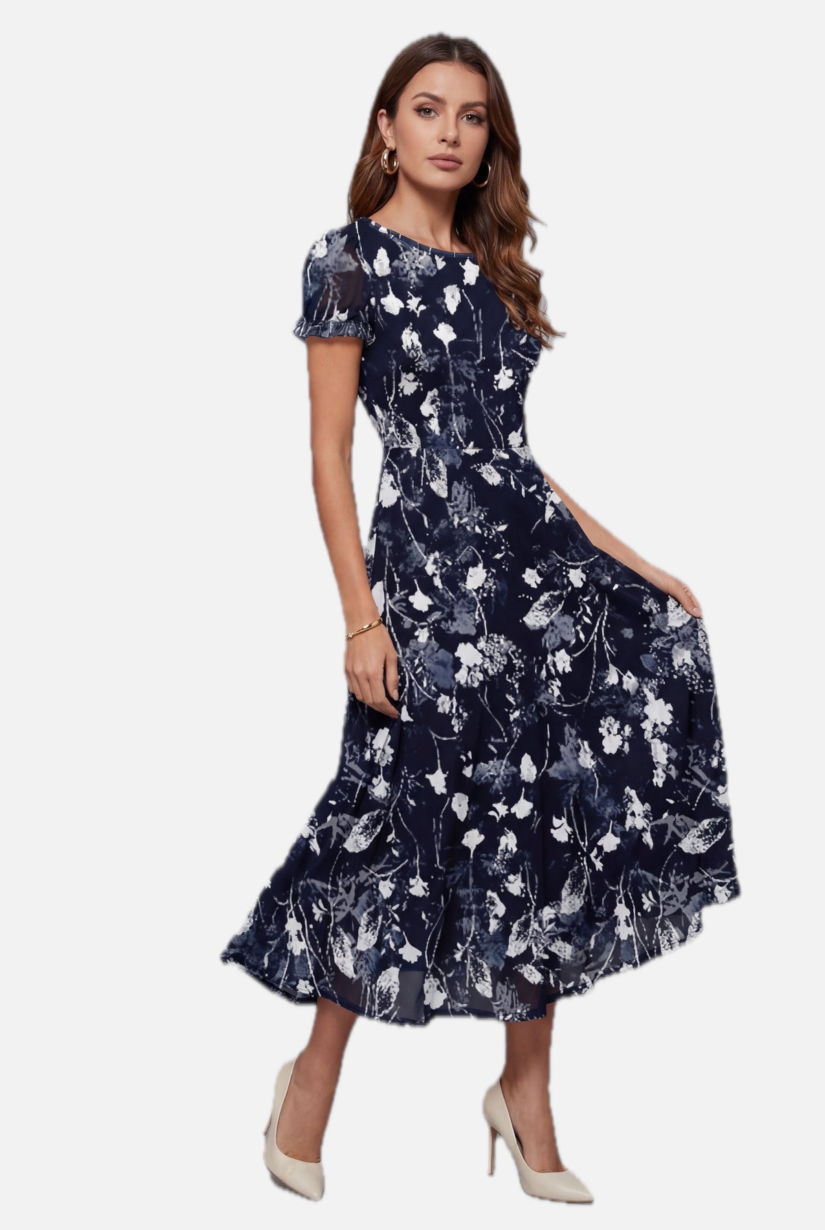 Floral Crew Neck Short Sleeve Midi Dress - Elegant Occasion Wear | Meave & Ivy