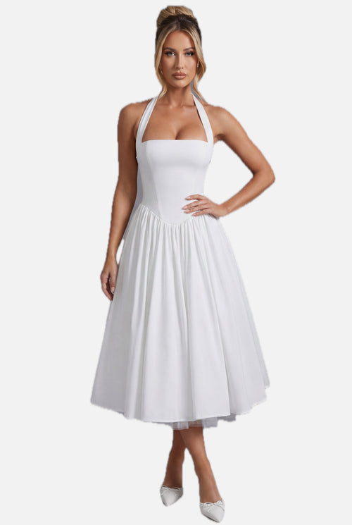 A-Line Halter Midi Dress - Elegant Occasion Wear | Meave & Ivy