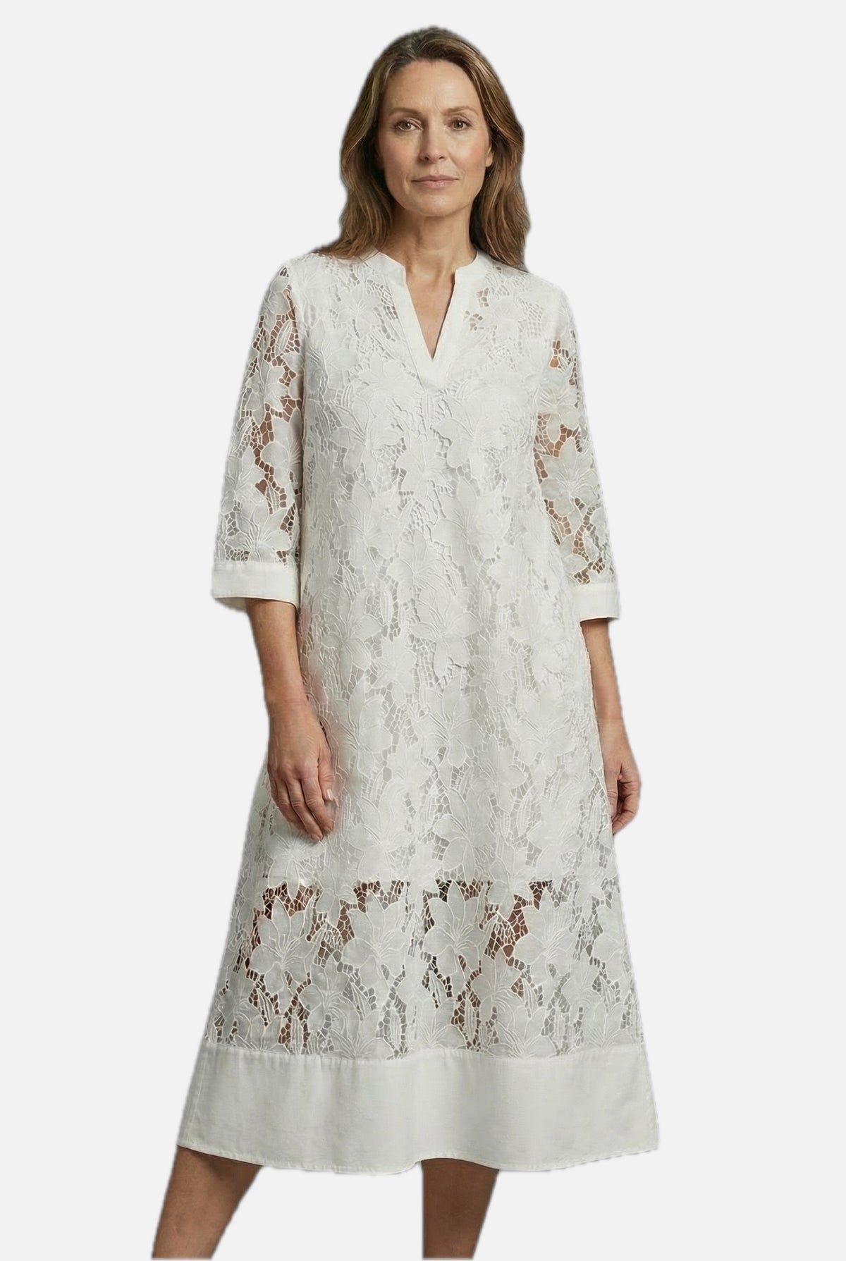 Embroidered Lace Detail Midi Dress - Relaxed Elegant Everyday Fit | Meave & Ivy