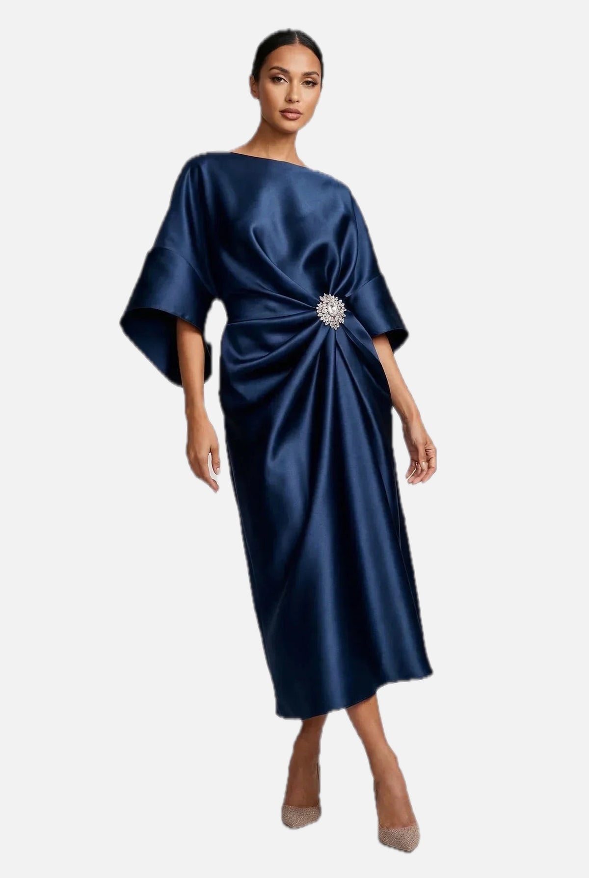 Satin Batwing Jewel Midi Dress - Elegant Wedding Guest Dress | Meave & Ivy