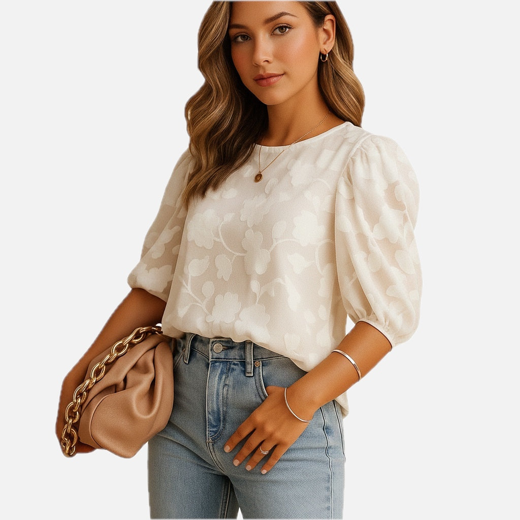 Floral Puff Sleeve Blouse - Round Neck Elegant Top | Meave & Ivy