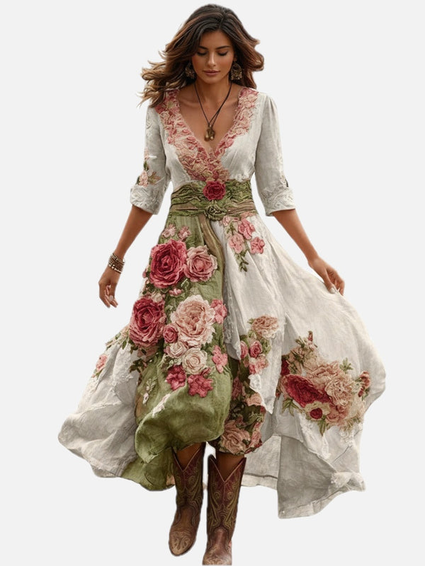 Floral V-Neck Midi Dress - Asymmetric Hem Summer Dress | Meave & Ivy