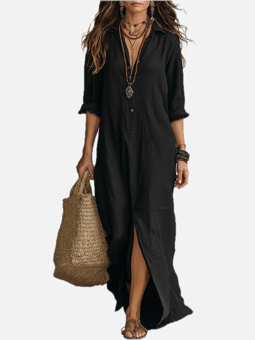Shirt Collar Button-Down Maxi Dress - Long Sleeve Side Split | Meave & Ivy