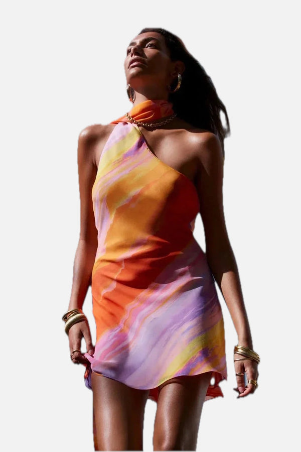 Orange Ombre Halter Mini Dress – Asymmetric Party Dress | Meave & Ivy