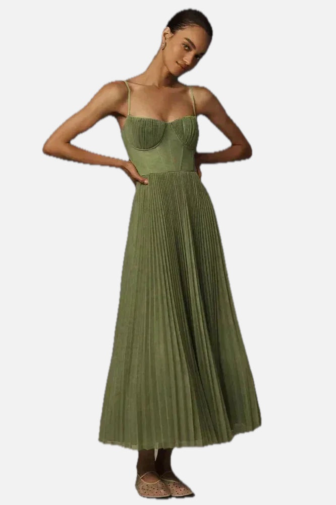 Olive Green Pleated Midi Dress – Elegant Strap Summer Dress | Meave & Ivy